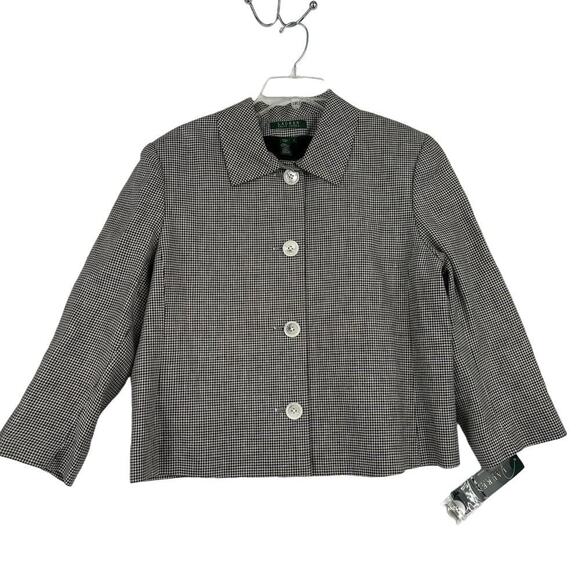 Lauren Ralph Lauren 100% Linen Blazer Jacket Button Up Black White Plaid Size 16 - Picture 1 of 11